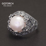 Real 925 Sterling Silver Baroque Pearl Ring Flower Branch Round Natural Freshwater Vintage Palace Jewelry