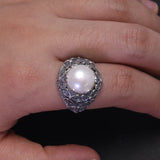 Real 925 Sterling Silver Baroque Pearl Ring Flower Branch Round Natural Freshwater Vintage Palace Jewelry