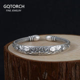 Tibetan Six Words Mantra Vintage Silver Bangles for Women Openable Fish Lotus Buddhist Jewelry Pure Silver S990 Retro Bracelet.