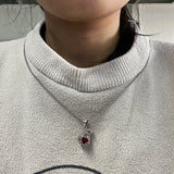 925 Sterling Silver Hollow Love Heart Garnet Purse Pendant Ladies Necklace Simple Jewelry