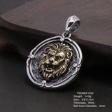 Real 925 Sterling Silver Lion Head Round Pendant Necklace for Men Brass (Yellow Part) Animal Punk Jewelry