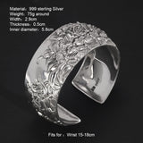 Women's 999 Sterling Silver Bracelet Open Cuff Retro Exaggerated Wide Bangle Peony Flower Gift Personalized Jewelry