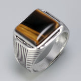 Authentic Sterling Silver 925 Man Ring With Tiger Eyes Fine Jewelry Stripe Pattern Natural Stone Cool Retro Punk Ringen
