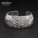 Women's 999 Sterling Silver Bracelet Open Cuff Retro Exaggerated Wide Bangle Peony Flower Gift Personalized Jewelry