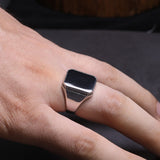 Real Solid 925 Sterling Silver Ring Simple For Men With Black Square Flat Gel Stone High Polishing Middle East Turkish Jewelry