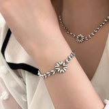 Jewelry Set 925 Sterling Silver Wheat Ear Flower Chain Bracelet Necklace for Women Adjustable Length Gift