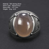 Guaranteed S925 Silver Turkish Wedding Rings for Men with Oval Original Agate Stone Antique Punk Male Jewelry