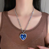Real 925 Sterling Silver The Heart of the Ocean Necklace Blue Created Diamond Zircon Titanic Pendant Sweater Chain Adjustable