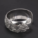 Women's 999 Sterling Silver Bracelet Open Cuff Retro Exaggerated Wide Bangle Peony Flower Gift Personalized Jewelry