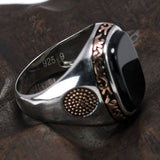 Real Pure Mens Rings Silver s925 Retro Vintage Turkish Rings For Men With Natural Black Onyx Stones Turkey Jewelry