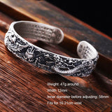 Real 999 Pure Silver Dragon and Phoenix Bangles for Men Heart Sutra Engraved Vintage Opening Adjustable Bracelet