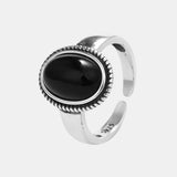 Vintage 925 Sterling Silver Women Rings with Oval Natural Onyx Black Stone Adjustable Size Opening Type