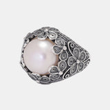 Real 925 Sterling Silver Baroque Pearl Ring Flower Branch Round Natural Freshwater Vintage Palace Jewelry