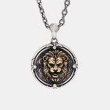 Real 925 Sterling Silver Lion Head Round Pendant Necklace for Men Brass (Yellow Part) Animal Punk Jewelry