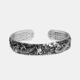 Real 999 Pure Silver Dragon and Phoenix Bangles for Men Heart Sutra Engraved Vintage Opening Adjustable Bracelet